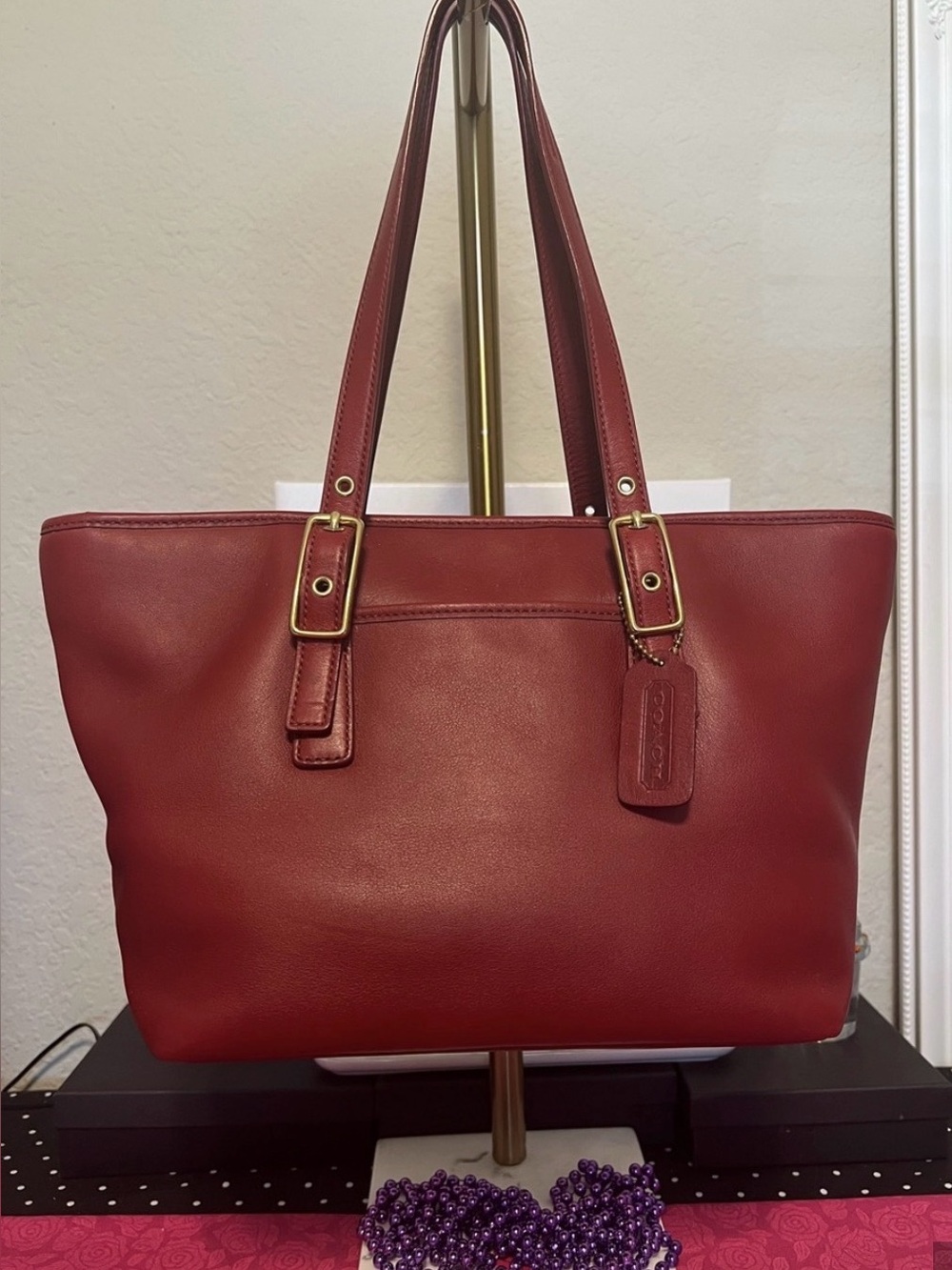 Coach Red Leather vintage Tote with   Brass hardware & double Straps